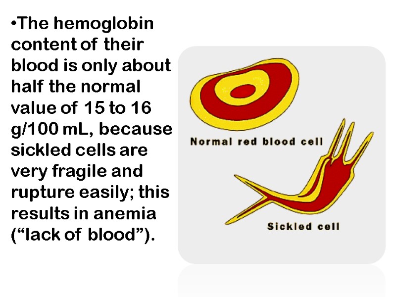 The hemoglobin content of their blood is only about half the normal value of